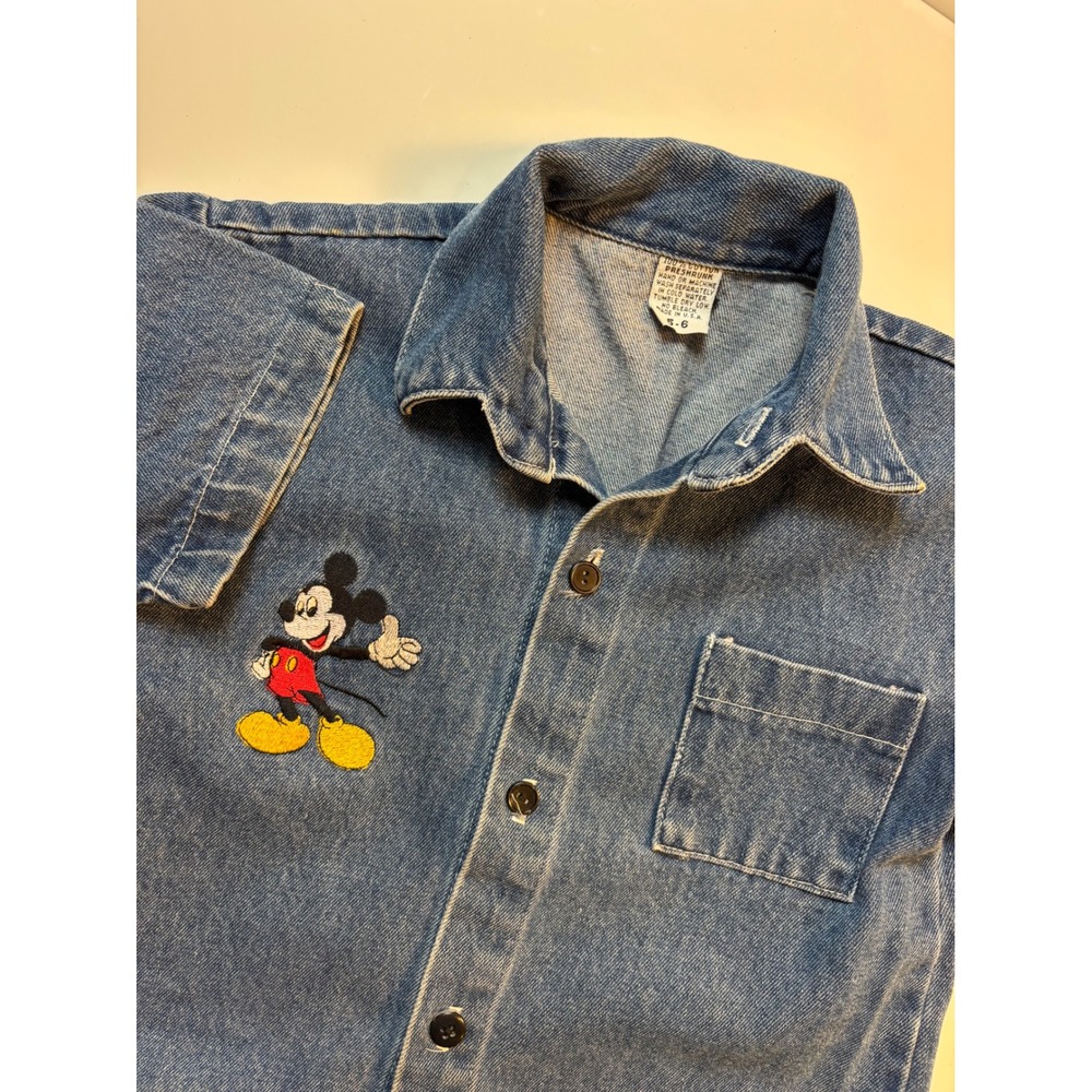 Vintage Mickey Mouse Kids Denim Shirt Short Sleeve Button Down Blue Size 5-6 USA
